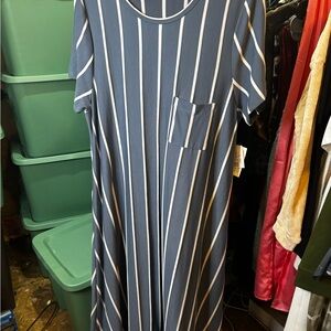 LuLaRoe Blue and White Vertical Stripe Midi Dress with Pocket